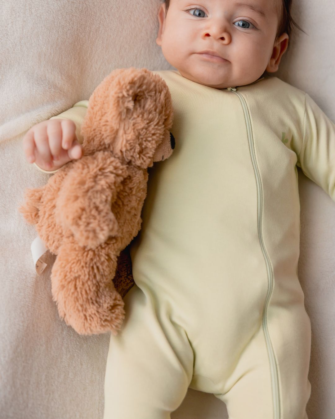 Baby lying with a teddy bear in the sage zipper sleepsuit