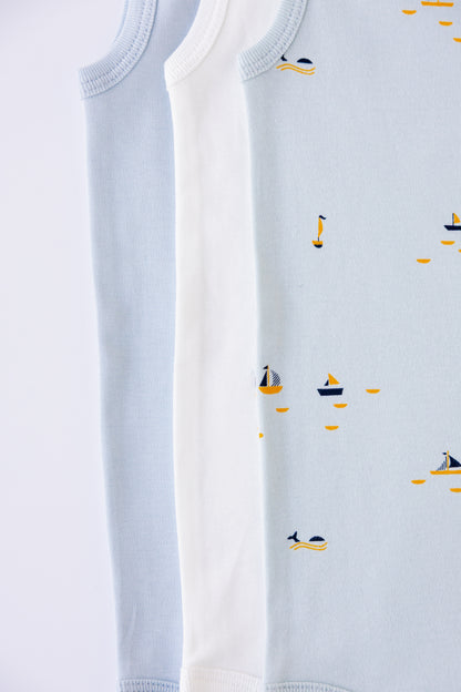 Close-up of the Blue Sails print on a sky blue sleeveless bodysuit