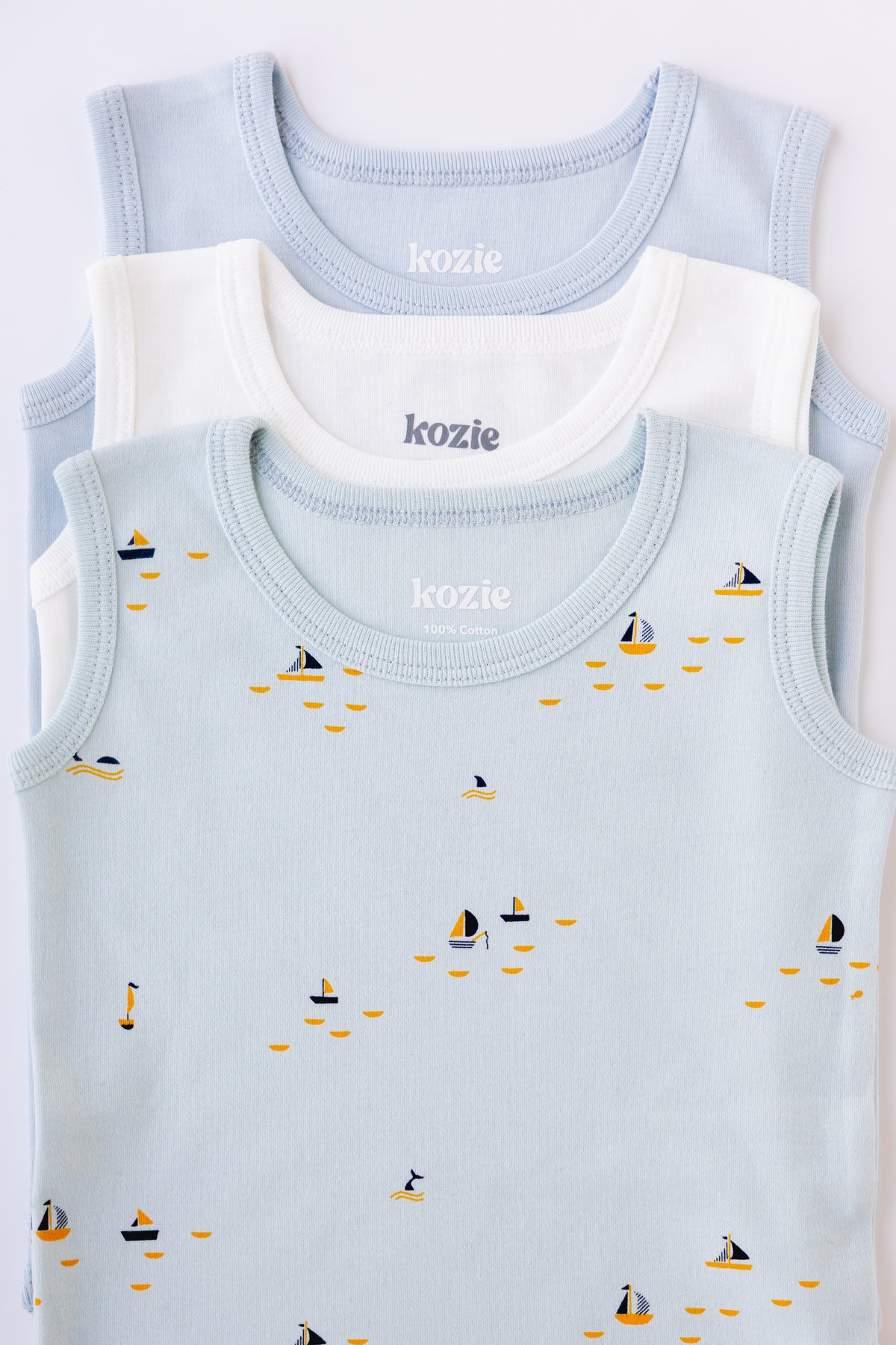 Blue Sails sleeveless bodysuits folded and stacked