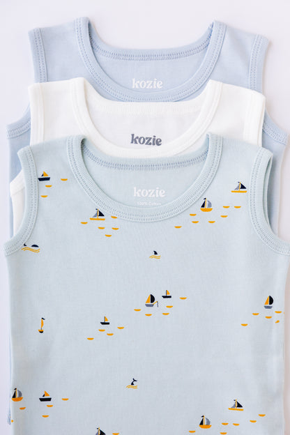 Blue Sails sleeveless bodysuits folded and stacked