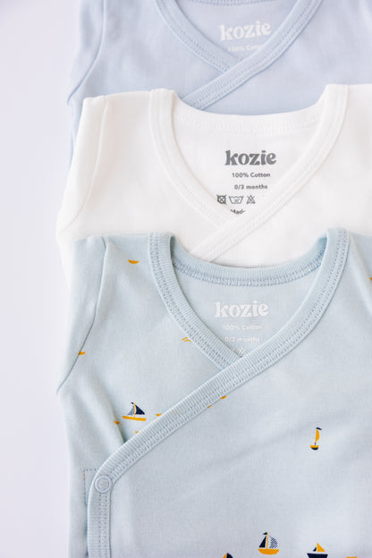 Blue Sails print kimono bodysuits folded and stacked