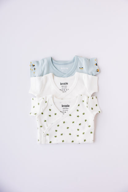 Sea Life print short sleeve kimono bodysuit, laid flat