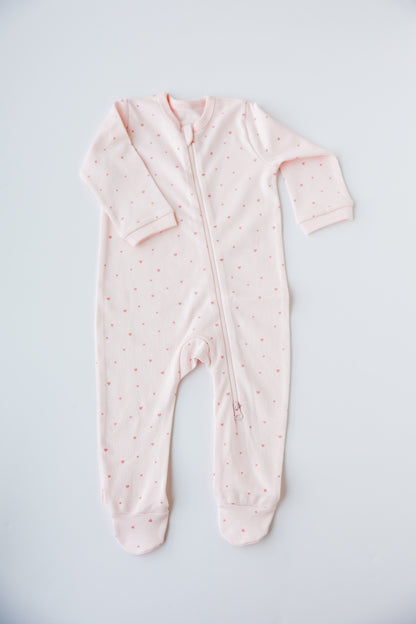 Tiny Love print zipper sleepsuit in blush, laid flat