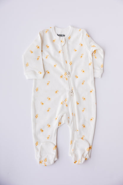 Ducky Days print zipper sleepsuit in white, laid flat