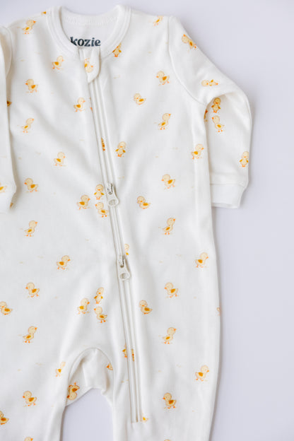 Ducky Days two-way zipper sleepsuit showing the full-length zip