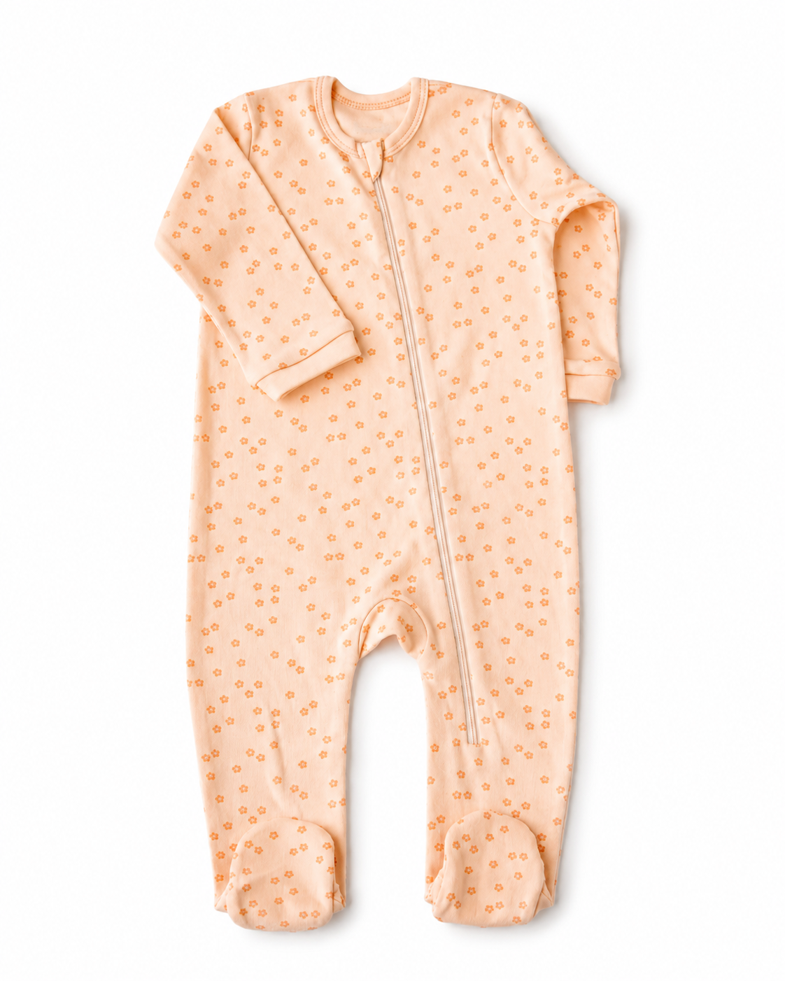 Daisies print footed zipper sleepsuit in coral, laid flat