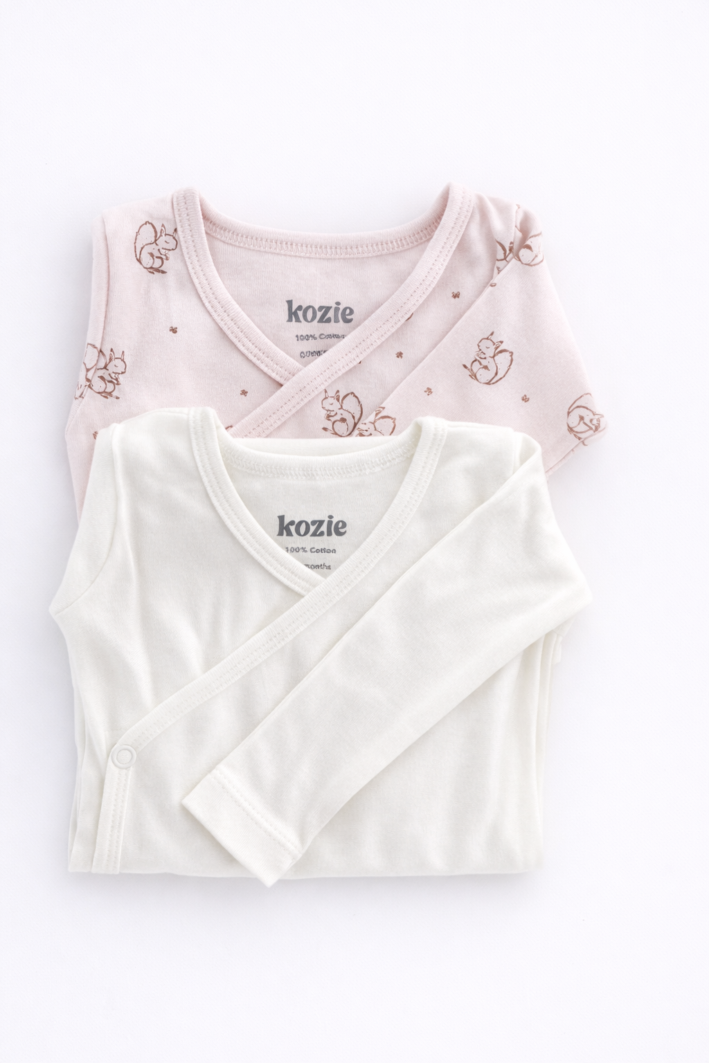 Two kimono bodysuits in white and Forest Squirrel print