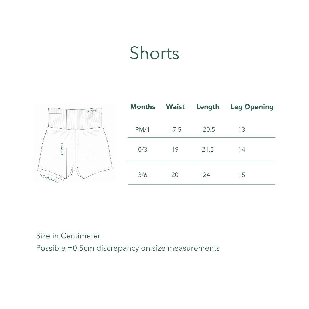 Kozie shorts size chart with waist, length and leg opening measurements