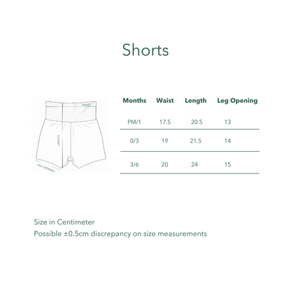 Kozie shorts size chart with waist, length and leg opening measurements