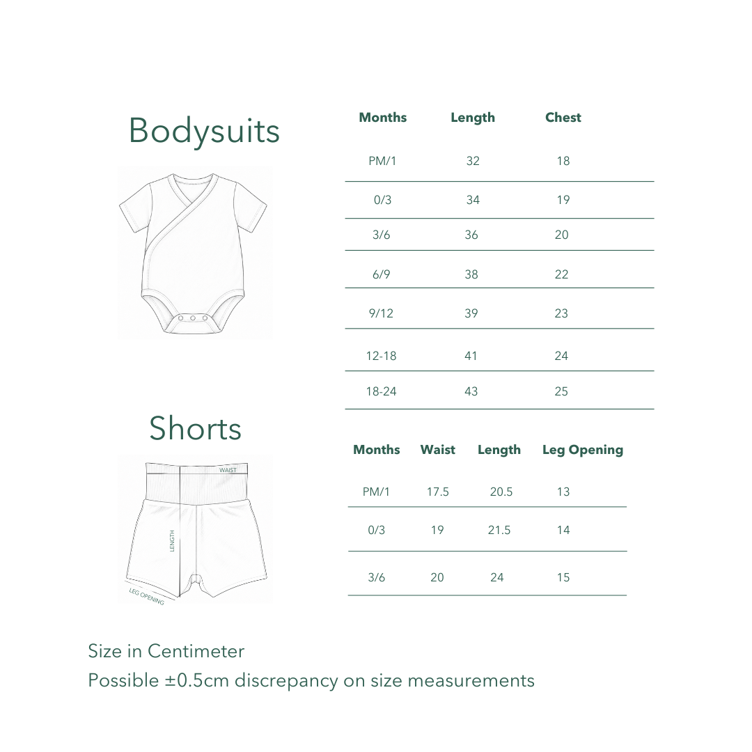 Kozie size chart for kimono bodysuits and shorts, preemie to 6 months