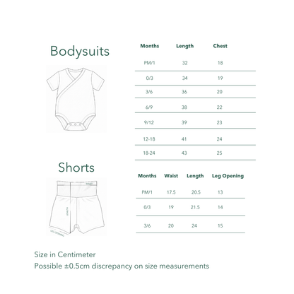 Kozie size chart for kimono bodysuits and shorts, preemie to 6 months