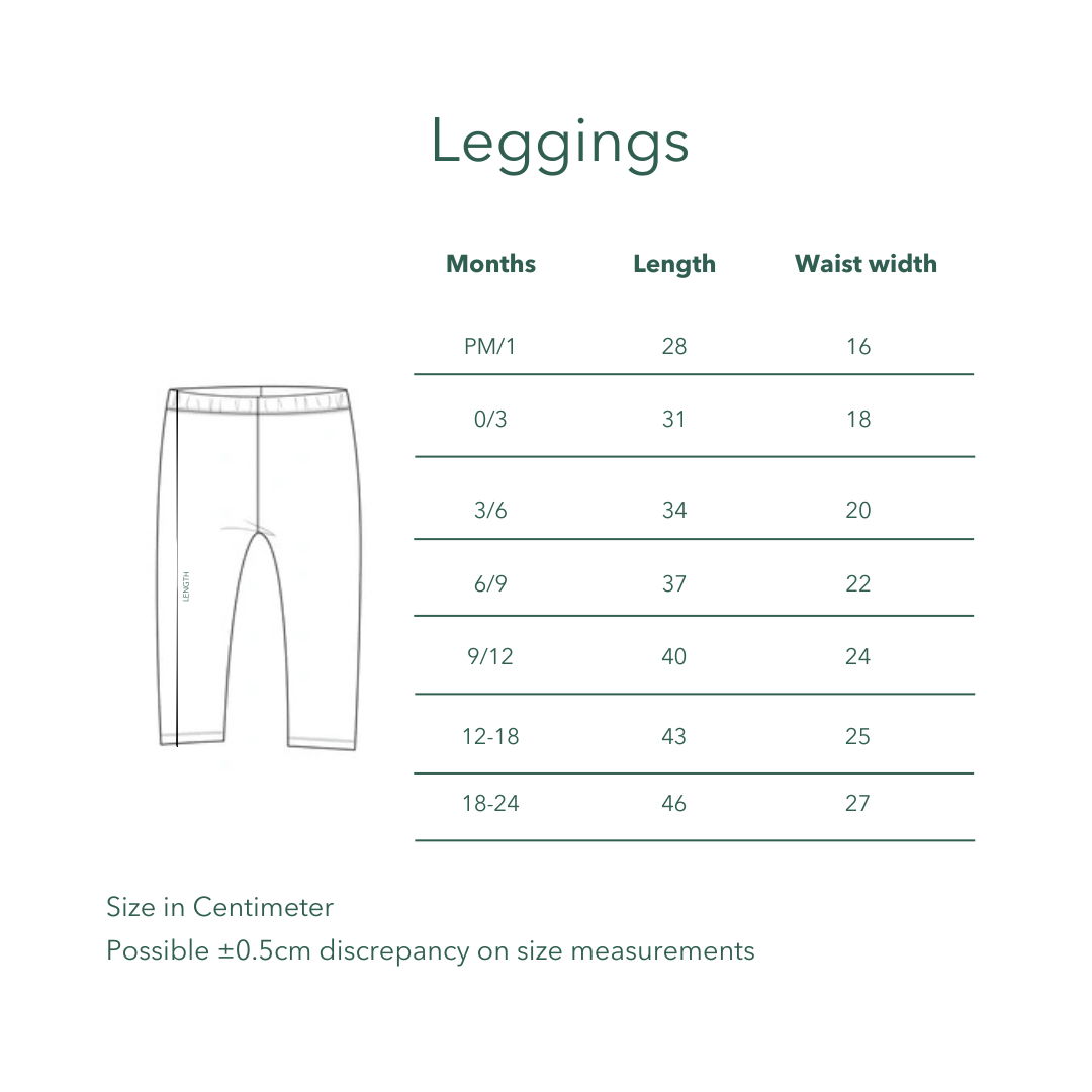Kozie leggings size chart with length and waist measurements