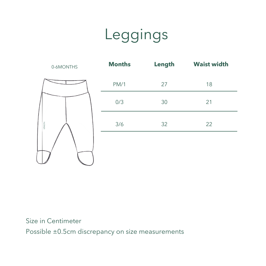 Kozie footed leggings size chart with length and waist measurements