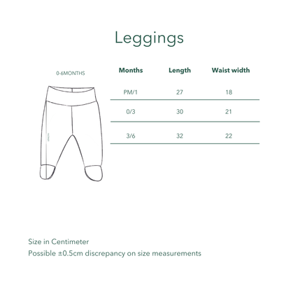 Kozie footed leggings size chart with length and waist measurements
