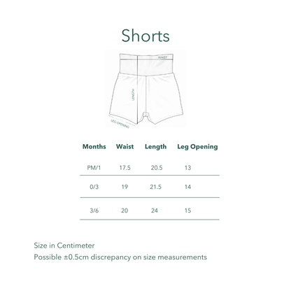 Kozie shorts size chart with waist, length and leg opening measurements