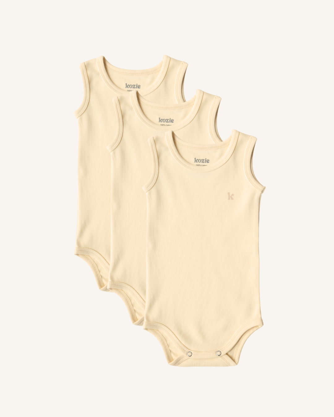 Three natural sleeveless bodysuits fanned out