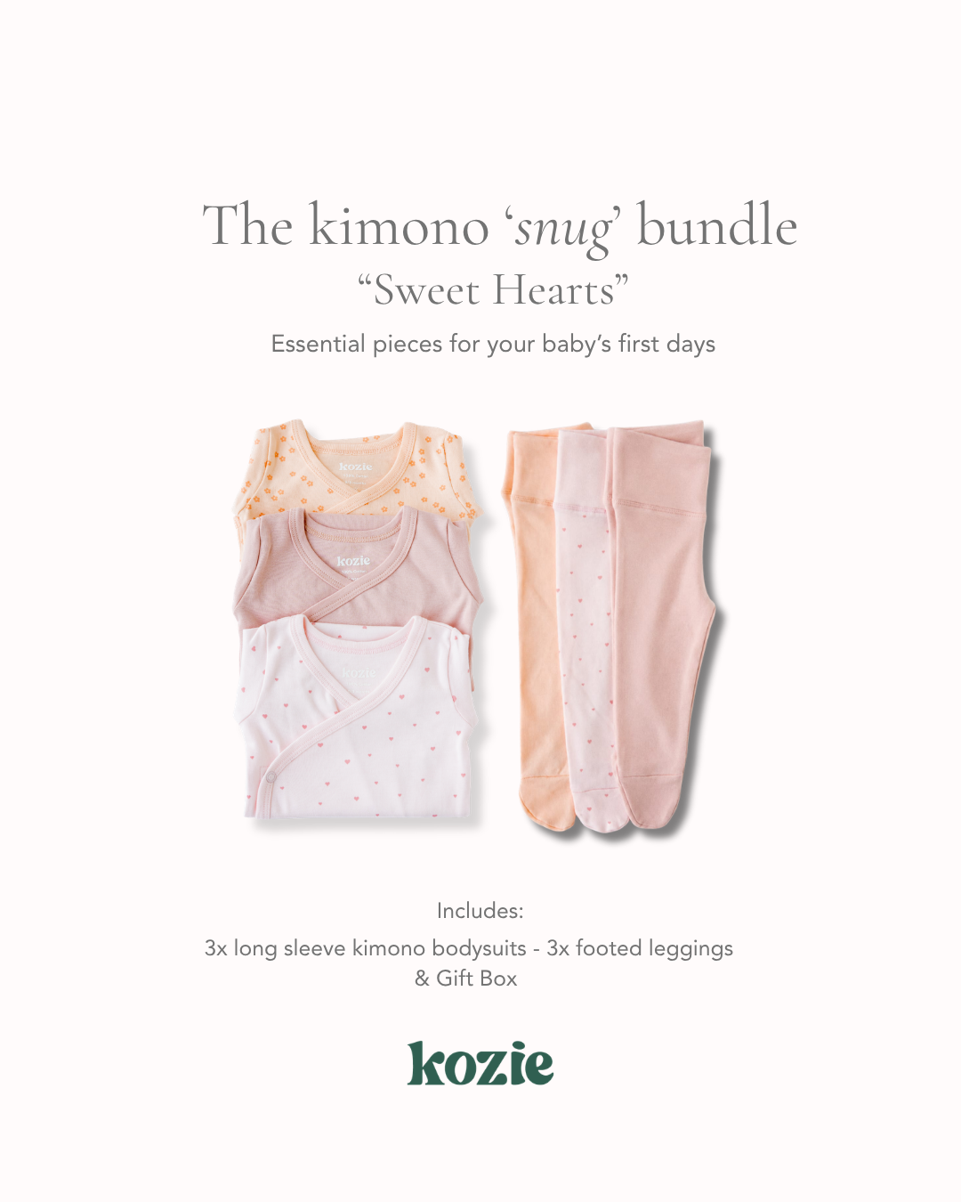 The Kimono Snug Bundle in Sweet Hearts — three kimono bodysuits and three footed leggings