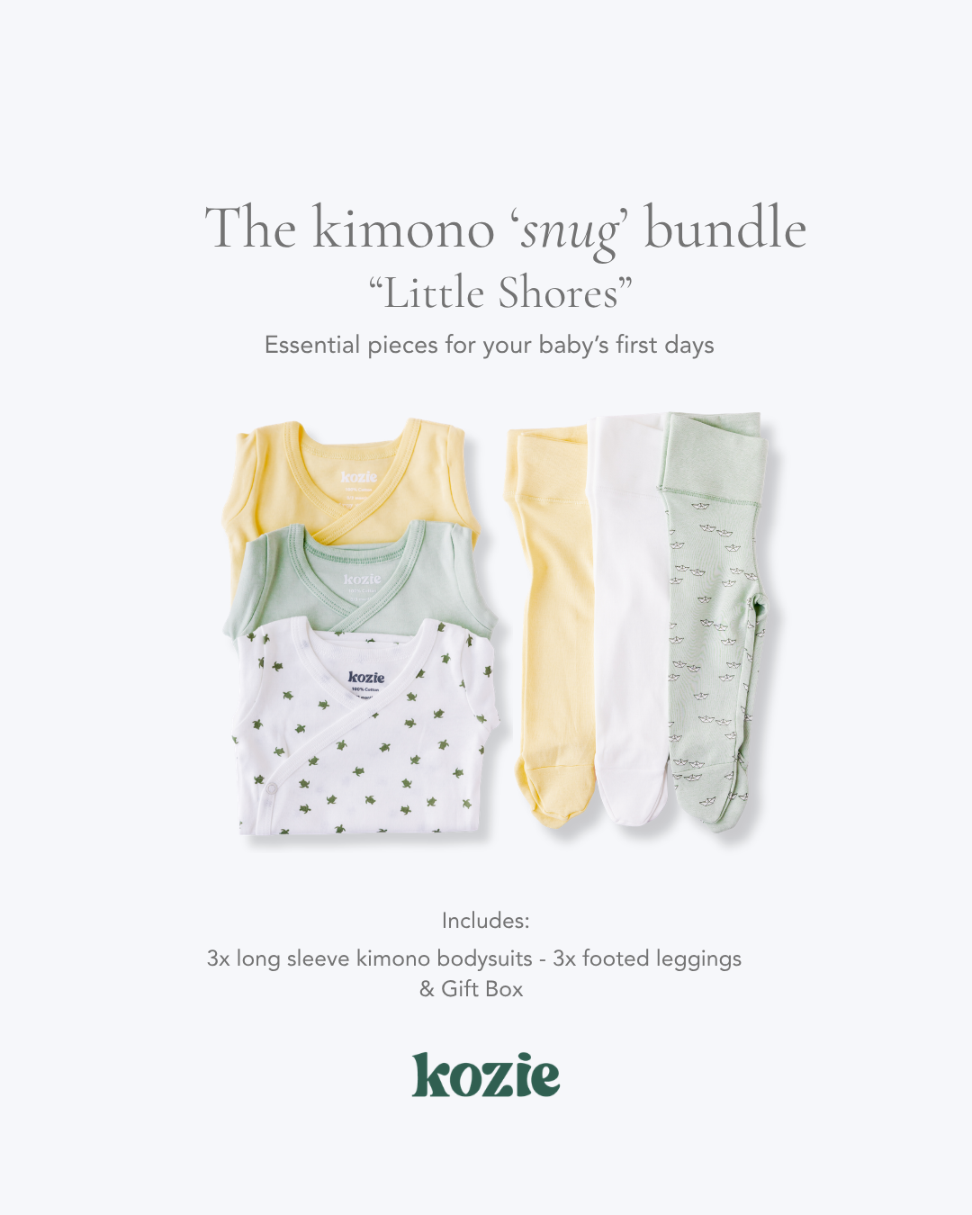 The Kimono Snug Bundle in Little Shores — three kimono bodysuits and three footed leggings