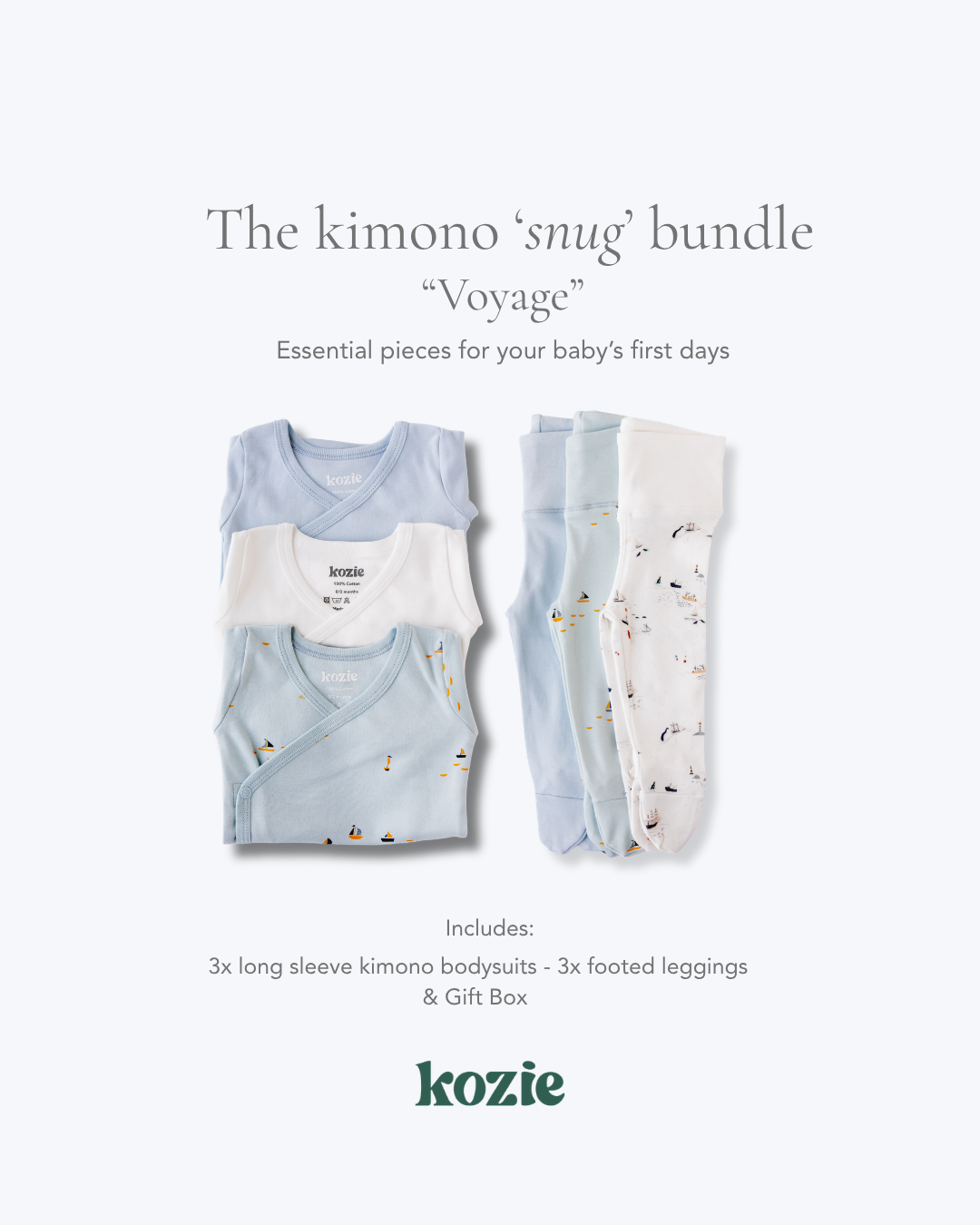 The Kimono Snug Bundle in Voyage — three kimono bodysuits and three footed leggings