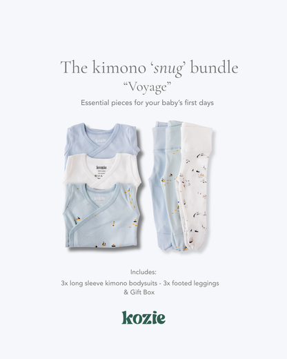 The Kimono Snug Bundle in Voyage — three kimono bodysuits and three footed leggings